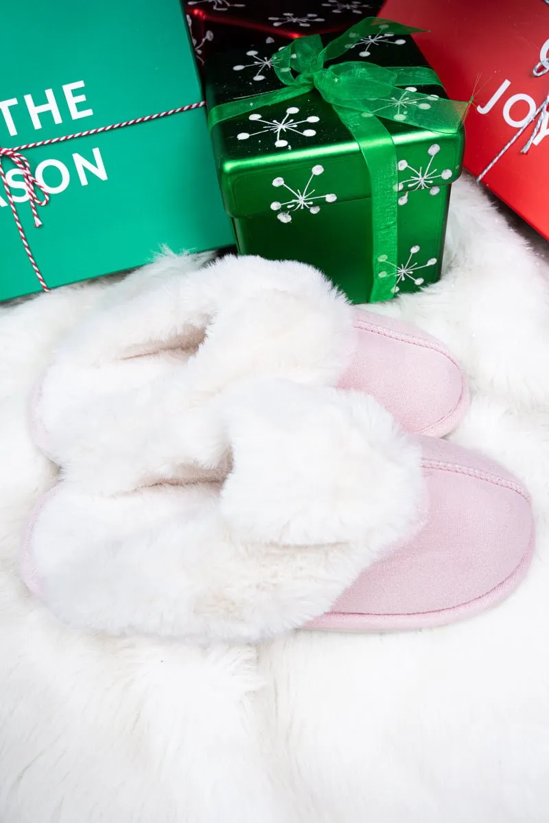 20% OFF! Take It Easy Pink Faux Fur Trimmed Plush Slippers