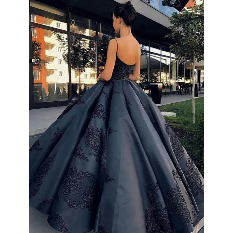 Ball Gown Black Straps Long Prom Dress Evening Dress With Lace Applique  PG735