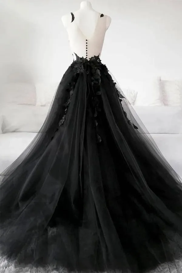 Ball Gown Deep V Neck Black Lace Prom Dresses with Appliques WD571