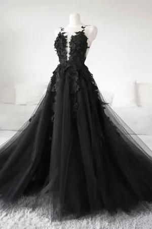 Ball Gown Deep V Neck Black Lace Prom Dresses with Appliques WD571