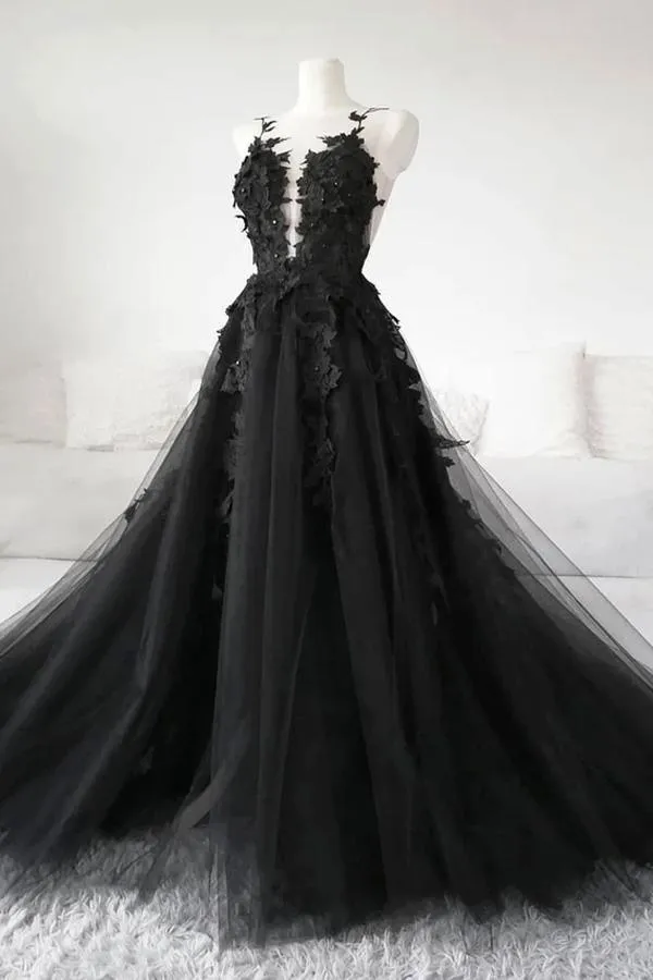 Ball Gown Deep V Neck Black Lace Prom Dresses with Appliques WD571