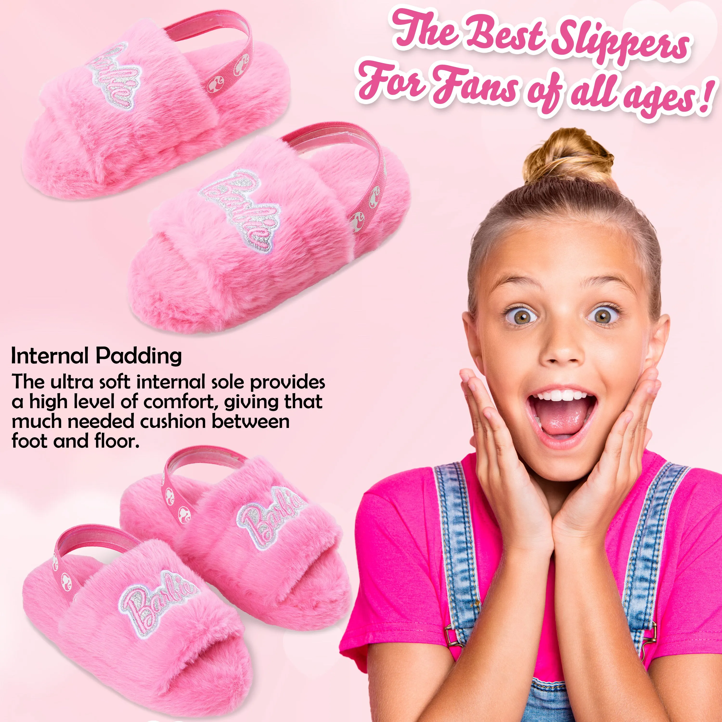 Barbie Girls Fluffy Slippers, Comfy Mule House Shoes - Gifts for Girls