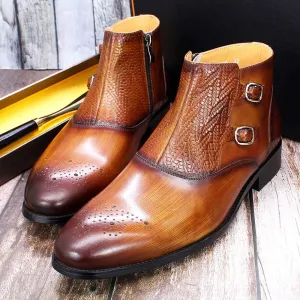 British Style Mens Ankle Boots Genuine Leather Handmade Zip Strap Double Buckle High Top Fashion Dress Shoes Boots Men Black