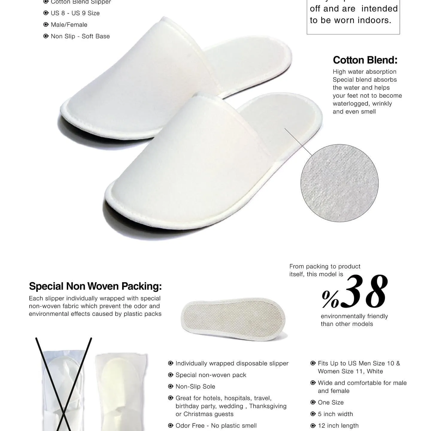 Chochili 24 Pairs Fabric Packed Terry Cotton Disposable Hotel Slippers for Airbnb Spa Wedding Guests Adult Men Women Size 10-11, White