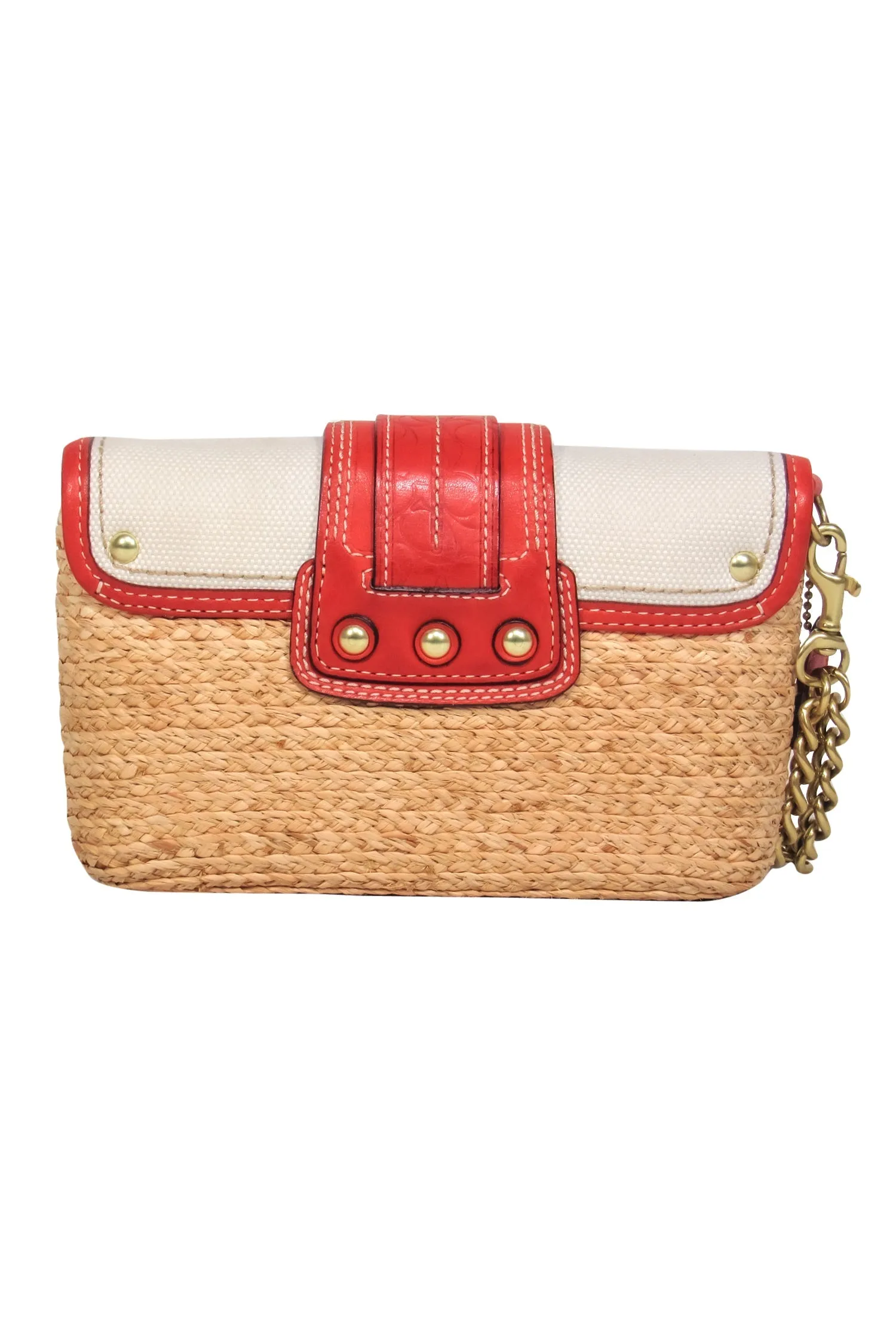 Coach - Tan, Red & Cream Woven Straw & Leather Convertible Wristlet