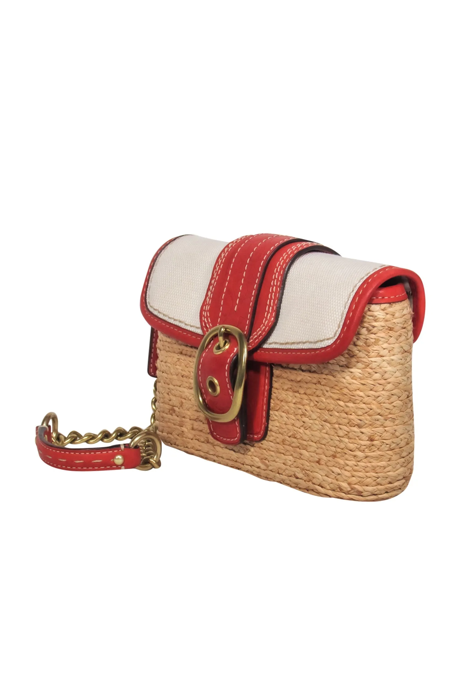 Coach - Tan, Red & Cream Woven Straw & Leather Convertible Wristlet