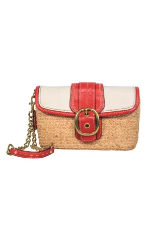 Coach - Tan, Red & Cream Woven Straw & Leather Convertible Wristlet