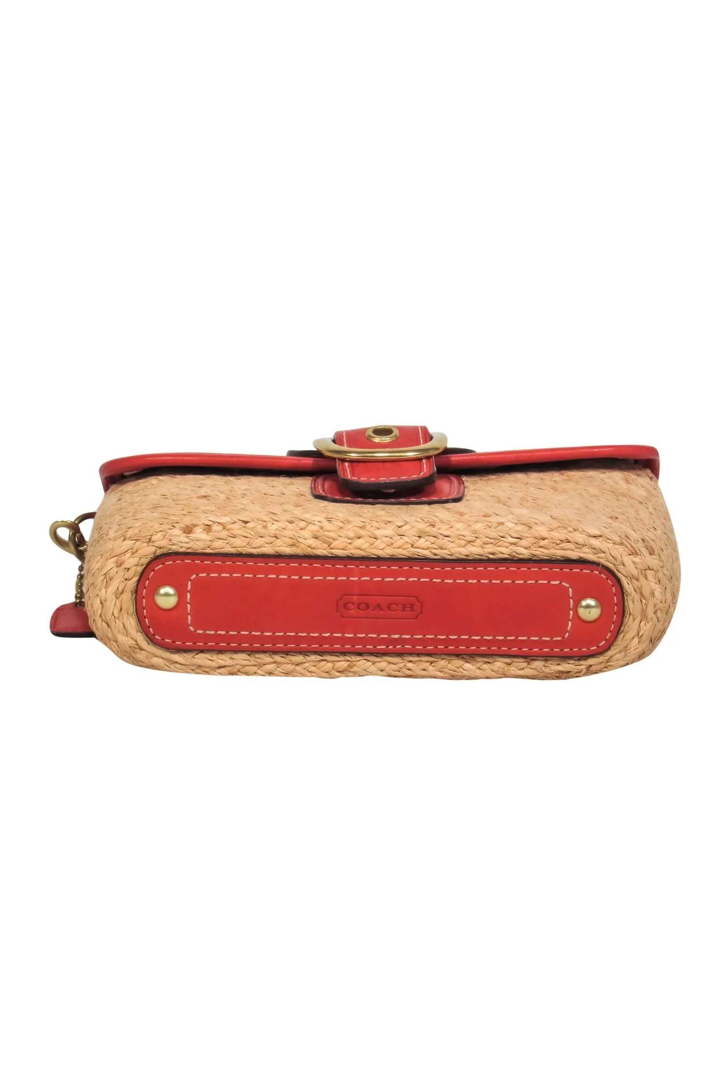 Coach - Tan, Red & Cream Woven Straw & Leather Convertible Wristlet