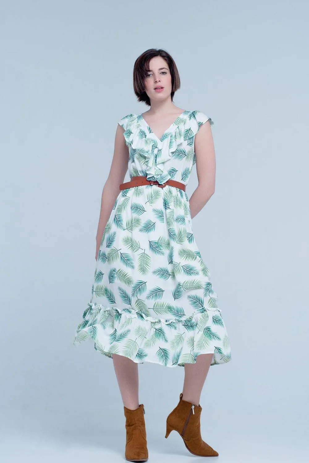 Green Printed Midi Dress With Ruches