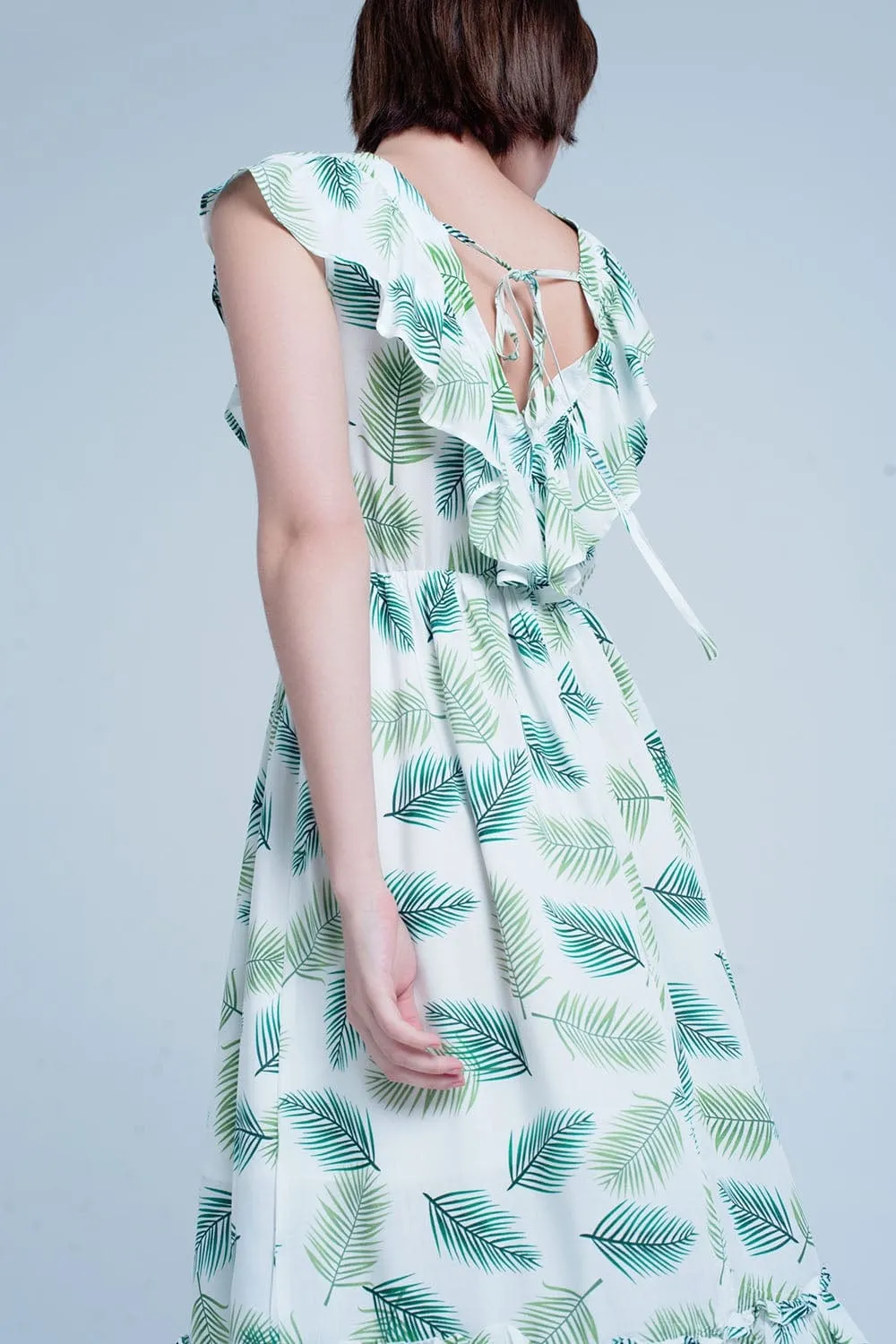 Green Printed Midi Dress With Ruches