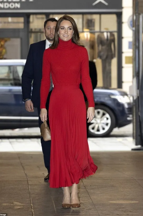 Inspired Kate Middleton Red Dress Long Sleeve Formal Dress