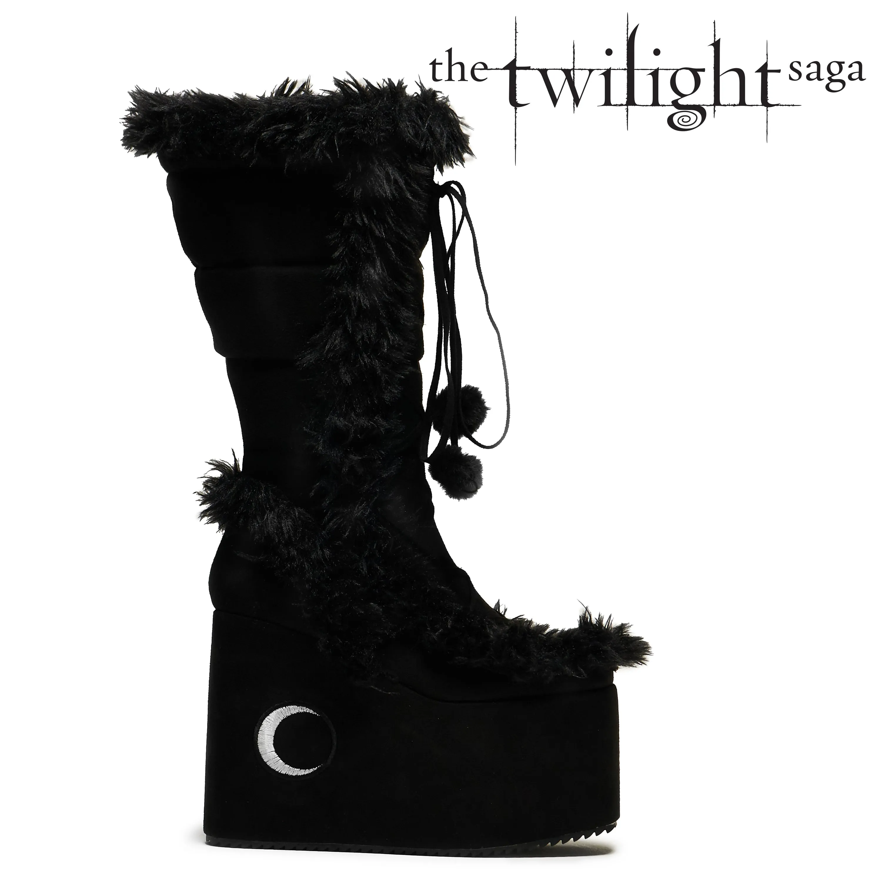 La Push Crescent Platform Faux Fur Long Boots - Black