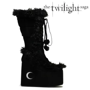 La Push Crescent Platform Faux Fur Long Boots - Black