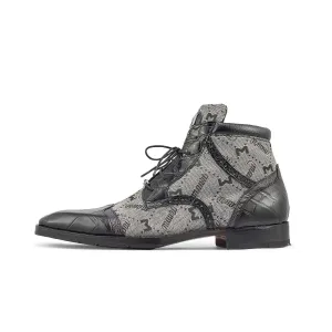 Mauri 3069 Jetset Men's Shoes Black & Gray Exotic Alligator / Ostrich Leg / Mauri Fabric Derby Boots (MA5396)