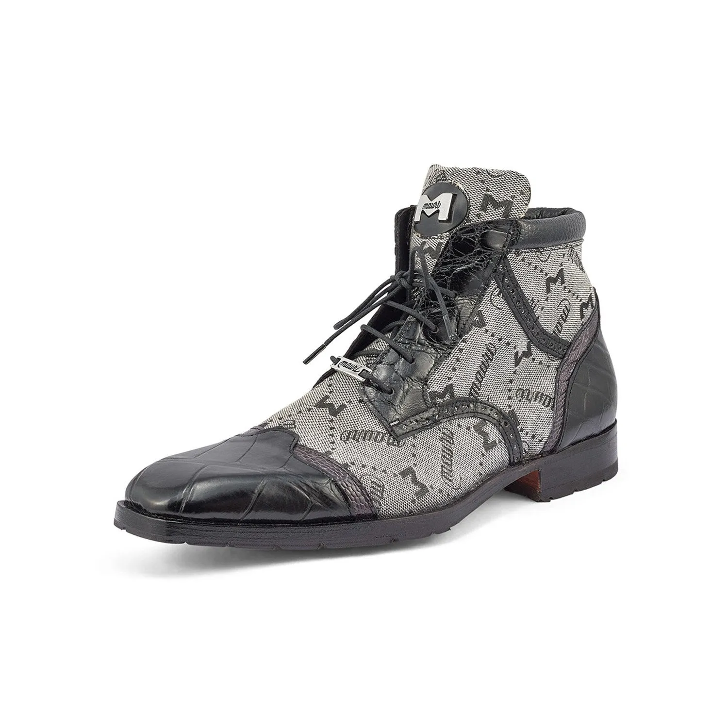 Mauri 3069 Jetset Men's Shoes Black & Gray Exotic Alligator / Ostrich Leg / Mauri Fabric Derby Boots (MA5396)