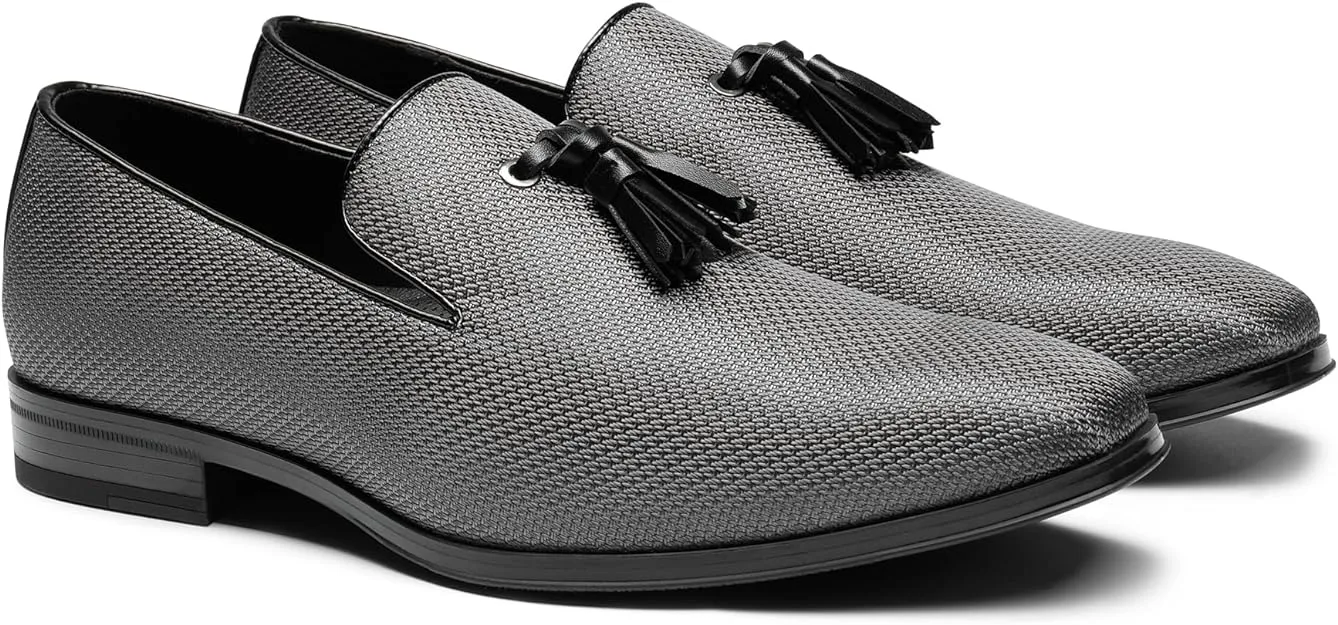 Men's Gray Textured Slip On Tassel Loafer Dress Shoes