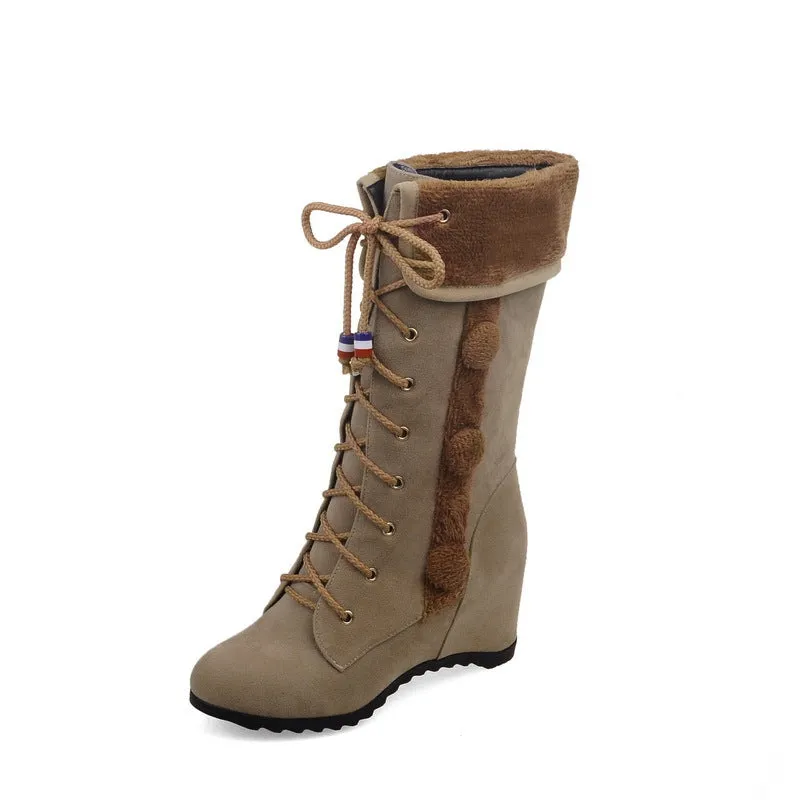Round Toe Lace Up Faux Fur Decorate Inside Heels Half Boots