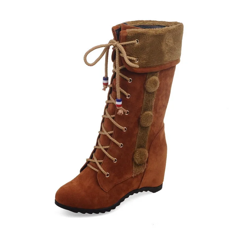 Round Toe Lace Up Faux Fur Decorate Inside Heels Half Boots