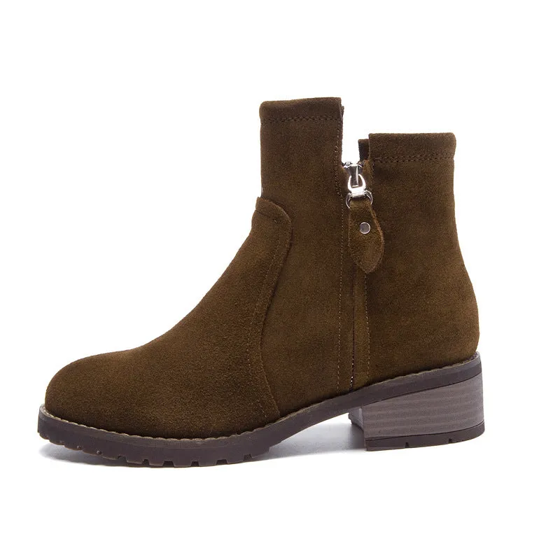 Side Zipper Round Toe Low Chunky Heels British Short Boots