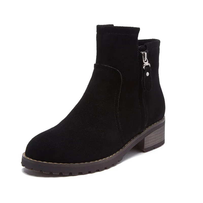 Side Zipper Round Toe Low Chunky Heels British Short Boots