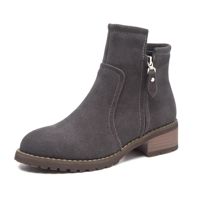 Side Zipper Round Toe Low Chunky Heels British Short Boots