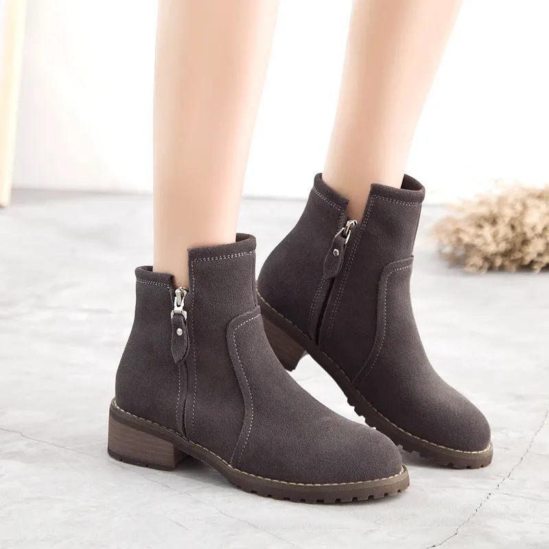 Side Zipper Round Toe Low Chunky Heels British Short Boots