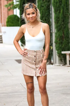 Subtle Sophistication Striped Button Down Mini Skirt (Camel Stripe)