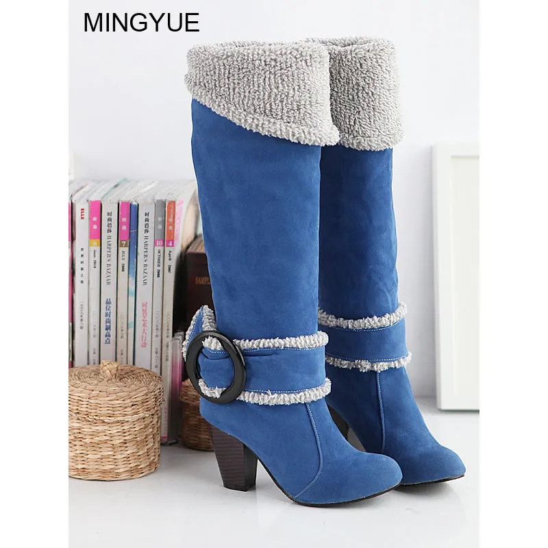 Suede Round Toe Curled Edge Hasp Knee-Length Boots