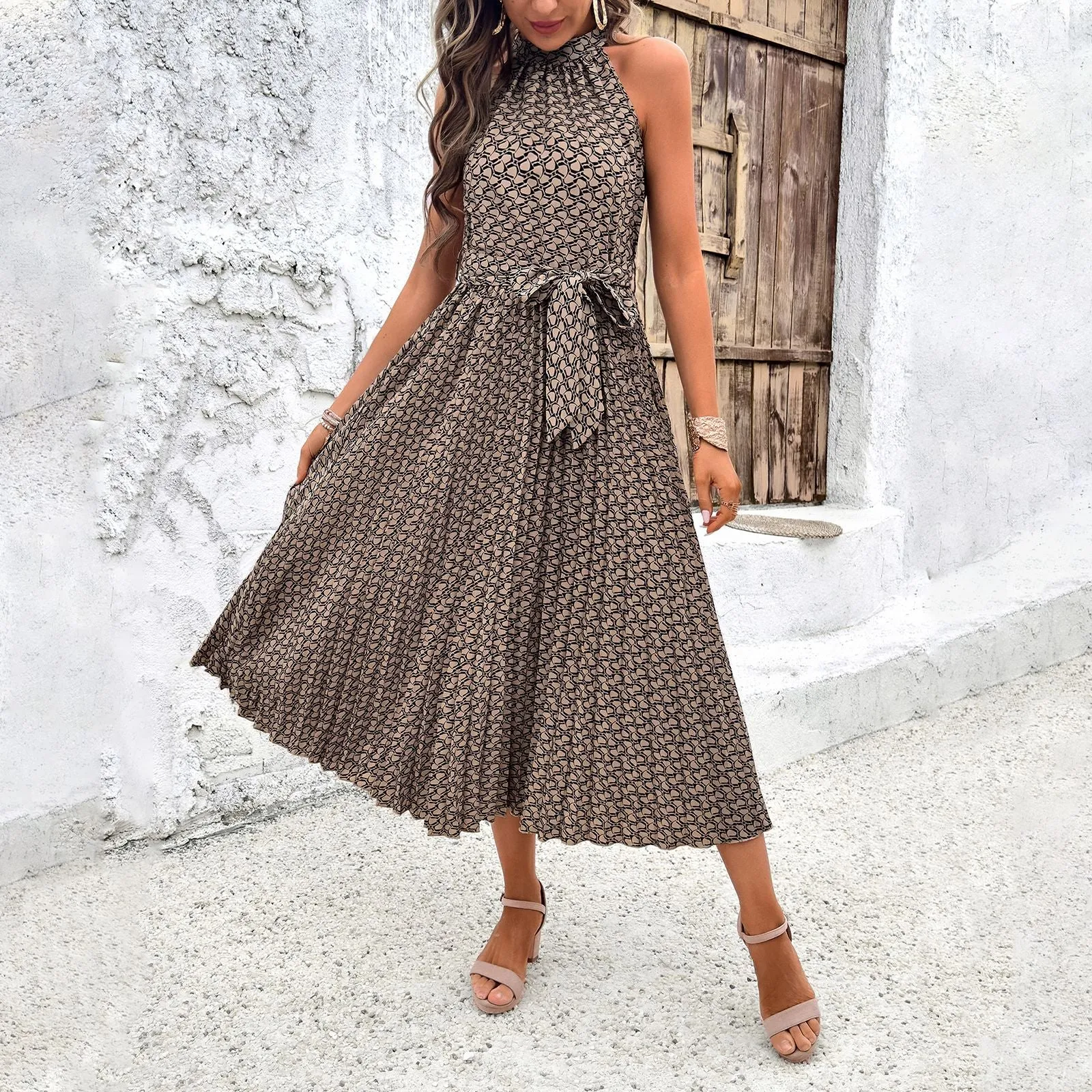 Women's Patterned Sleeveless Halterneck Midi Dress with Waist Tie S-XL