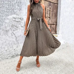 Women's Patterned Sleeveless Halterneck Midi Dress with Waist Tie S-XL
